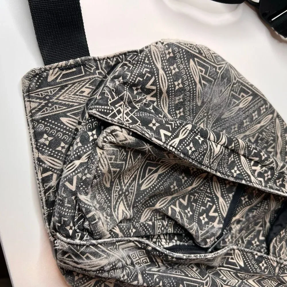 This item is a KAVU Rope Bag with a geometric black and white design